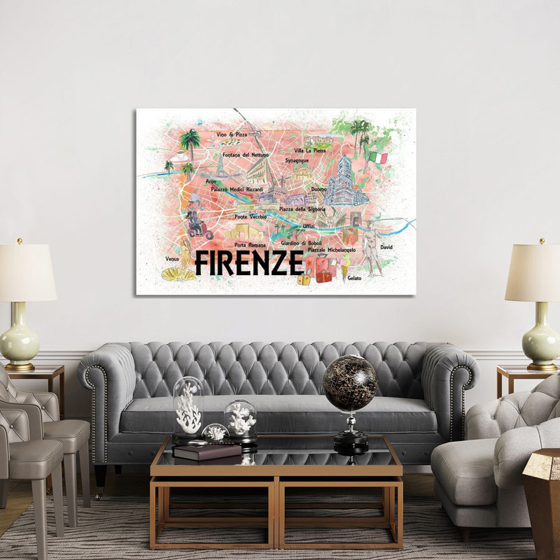 Florence Italy Illustrated Map With Roads Landmarks And Highlights by Markus & Martina Bleichner - Print on Canvas