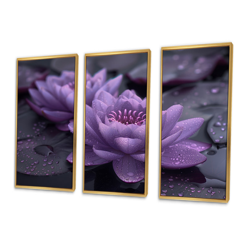 Ensemble d'art mural Saltzman - Lotus, Toile avec cadre flottant or, H 28 po x l 36 po x P 1 po