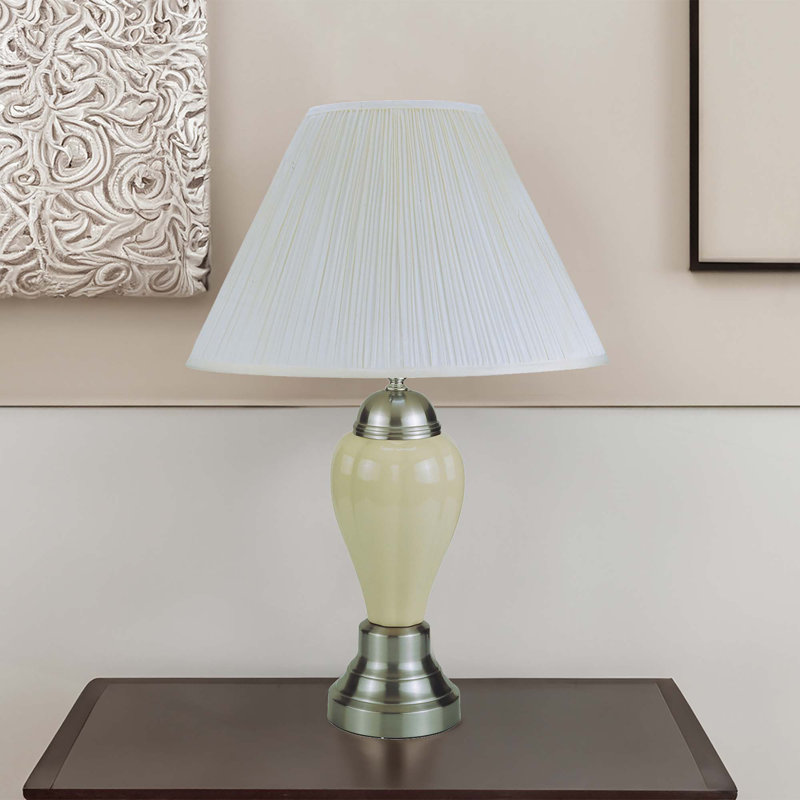 1Pc Elegant Crafted Table Lamp Glossy Base Contrasting Metallic Details Pleated Shade Modern Look Porcelain Rotary Switch, 100Watt