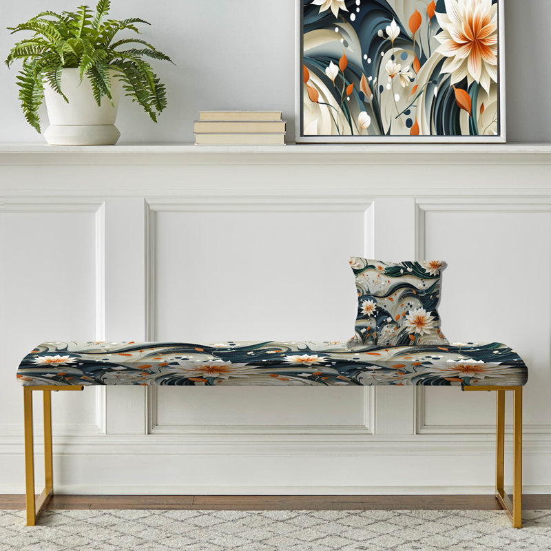 Banc rembourré floral blanc et bleu sarcelle
