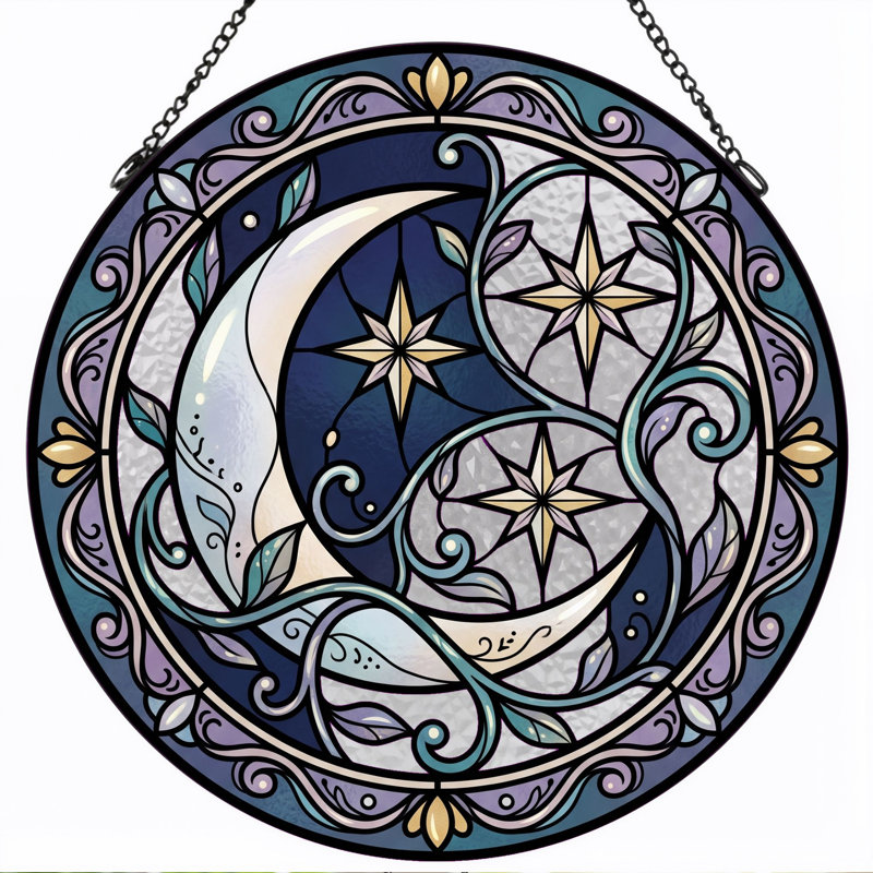 Celestial Moon Stained Glass Window Panel，12"H, 12"H