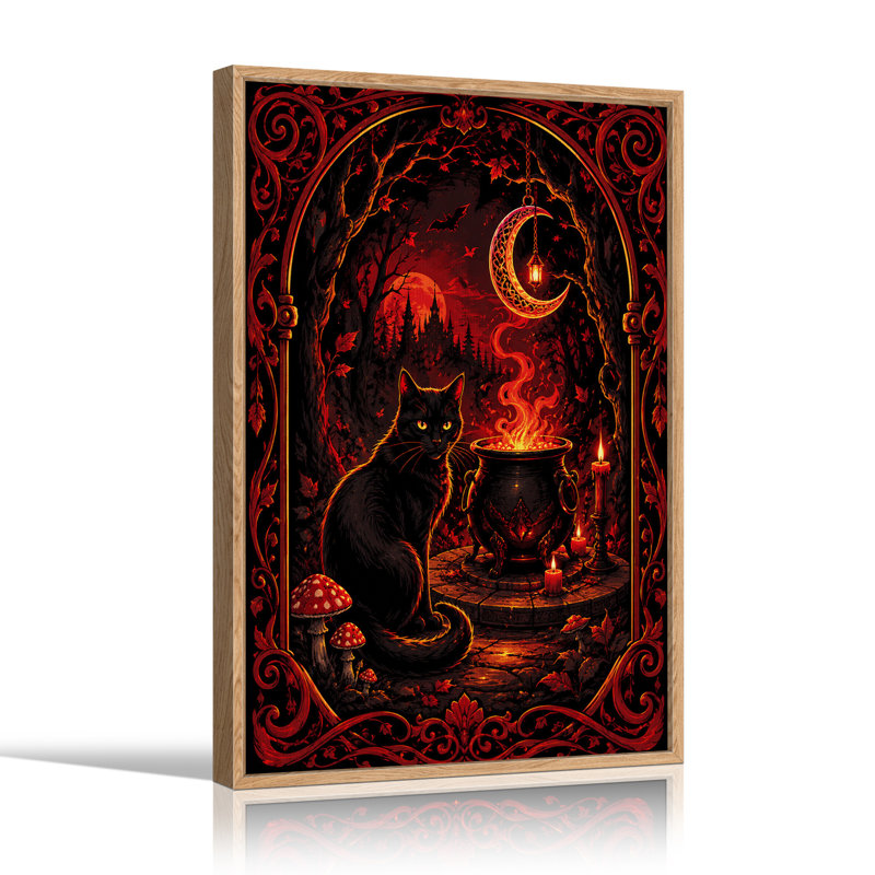 Art mural sur toile, "Chat noir et chaudron bouillonnant sous la lune rouge", H 24 po x l 18 po