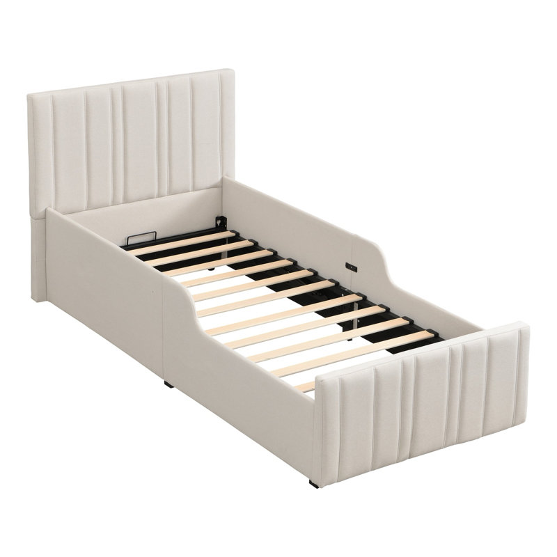 3ft Single Hydraulic Upholstered Bed With Storage, Linen Vertical Stripe Headboard, No Mattress, 90x190 Cm, Beige