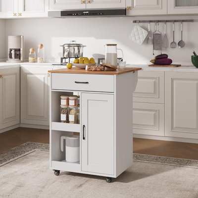 23.7" Functional Rolling Kitchen Island Cart with Drop Leaf, Storage Drawer, 2 Open Shelves