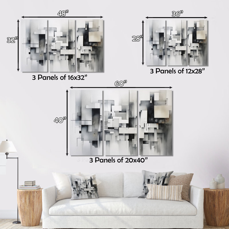 Gris abstrait zen II - 3 impressions sur toile tendue, H 28 po x l 36 po x P 1 po