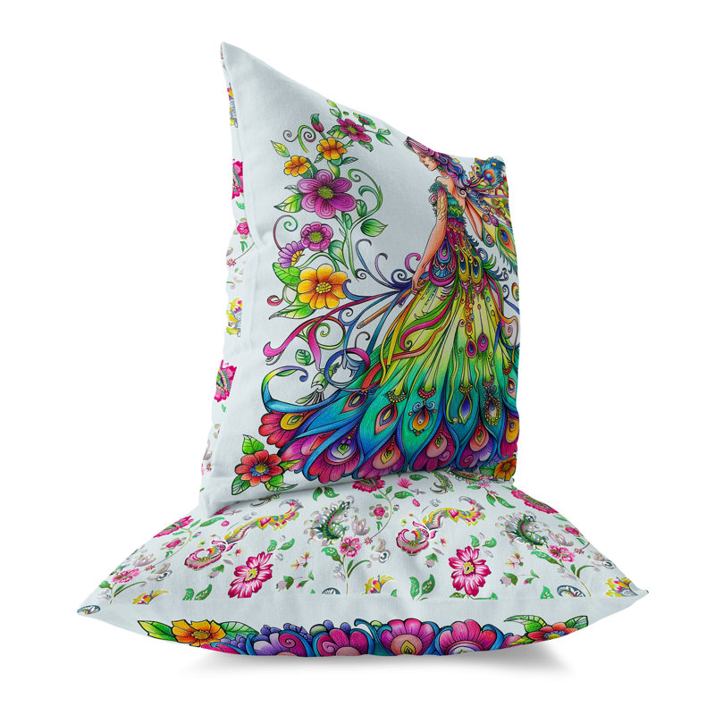 Coussin Floral, Bleu / Rose, H 26 po x l 26 po