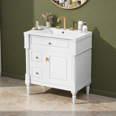 Meuble-lavabo sur pied 30 po avec lavabo, armoire de salle de bain autoportante avec tiroir rabattable et tablette réglable, structure en bois d'hévéa massif