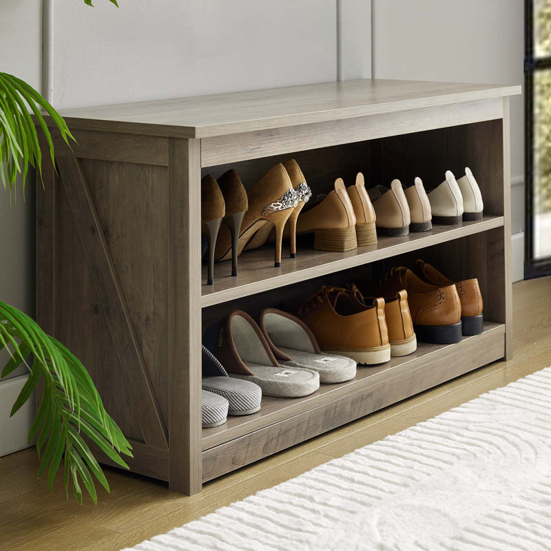 2-Tier Wooden Shoe Bench, 9 Pair Storage Entryway Organizer With Seat, Gray