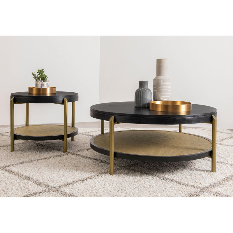 Table basse ronde avec fini noir, tablette de rangement et structure en bois dur asiatique