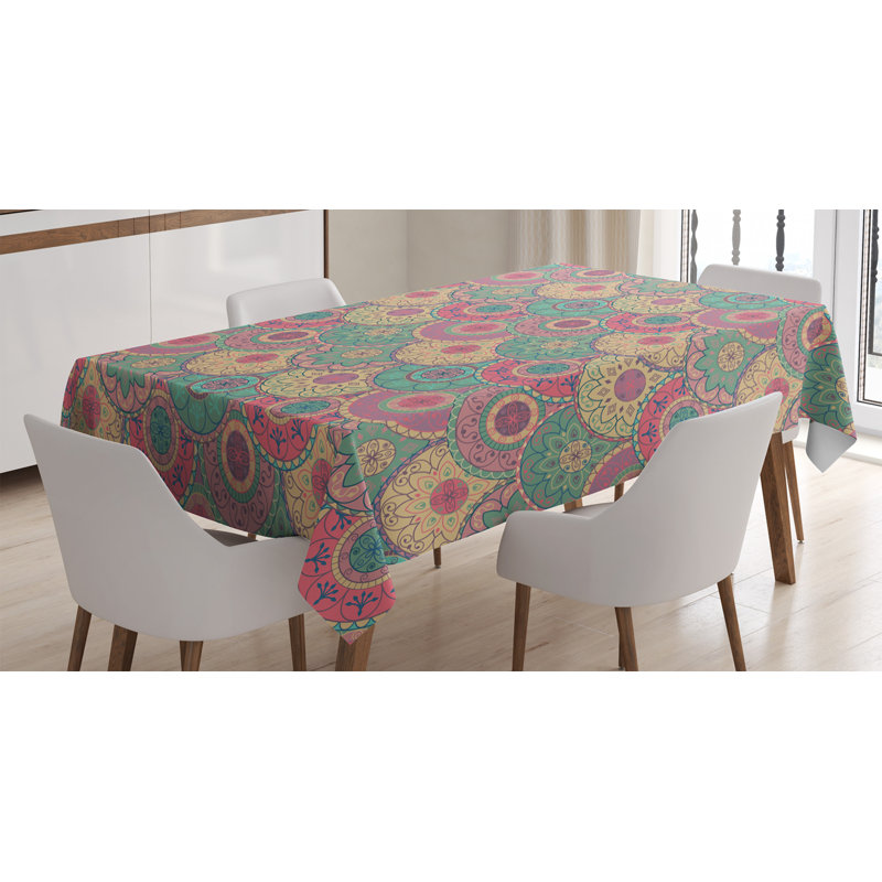 Ambesonne Vintage Tablecloth, Oriental Colorful Circular Shapes Traditional Classic Design Graphic Royal Theme, Rectangular Table Cover For Dining Room Kitchen Decor, 52" X 70", Green Pink
