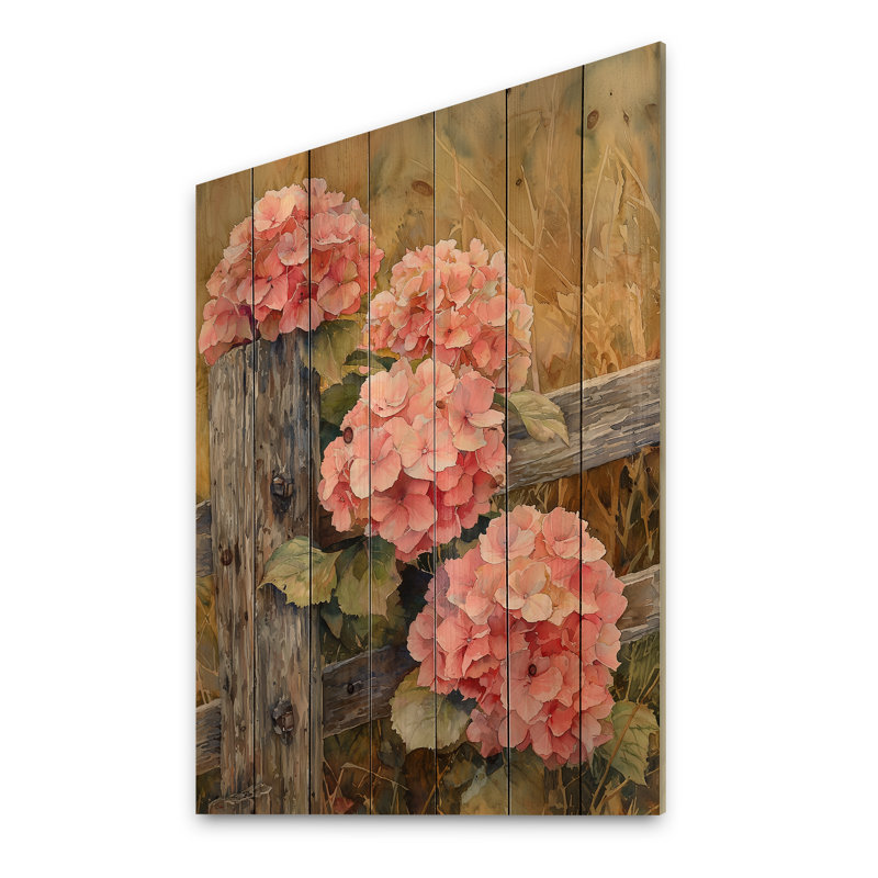 Ferme hortensias par la clôture I - Art mural en bois d'hortensias - sur bois de pin naturel, H 44 po x l 34 po x P 0,78 po