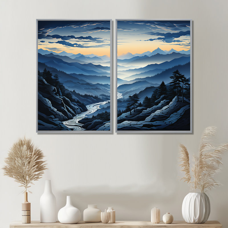 Bleu et blanc montagne majestueux Panorama II - grandes montagnes, art mural, Impression encadrée flottante, Argent argent
