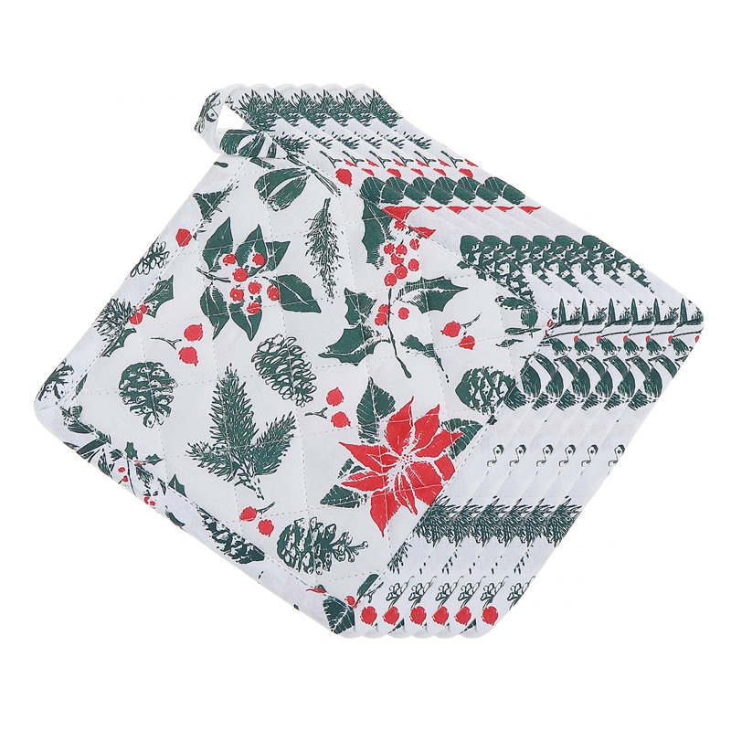 Cotton Pot Holder (Mistletoe Poinsettia) - Set Of 6