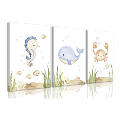 Ocean Nursery Decor, Set Of 3, Framed Canvas Prints, Under The Sea, Room, Kids Bathroom, Bedroom Wall Art