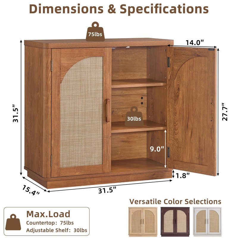 Rattan Sideboard Buffet Cabinet with Storage, 31.5" Coffee Bar Cabinet with Arch Doors & Adjustable Shelves, Wood Credenza, Boho Accent Cabinet for Kitchen, Living Room (Brown)