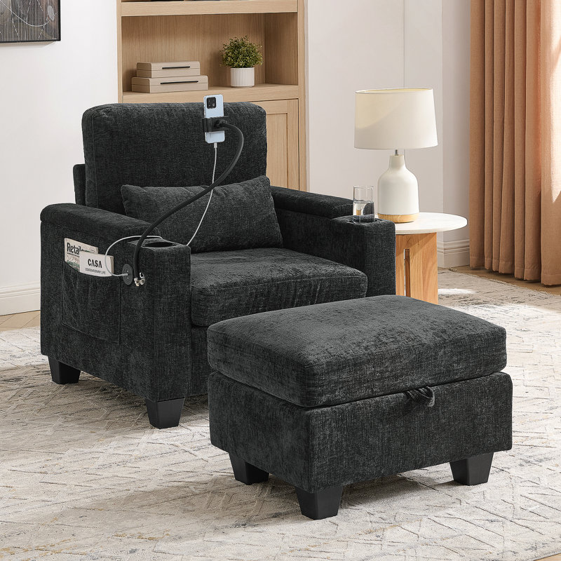 Single Sofa Recliner With Manually Adjustable Backrest, USB Charging Port On The Armrest Side, Phone Stand Included, Hidden Armrest Storage, And A Matching Storage Ottoman-Black