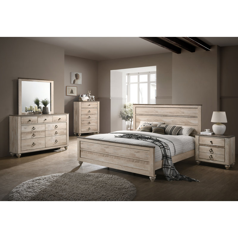 Ensemble de chambre à coucher 6 pièces Contemporary, Grand lit, 5 pièces : lit, table de chevet, commode, miroir