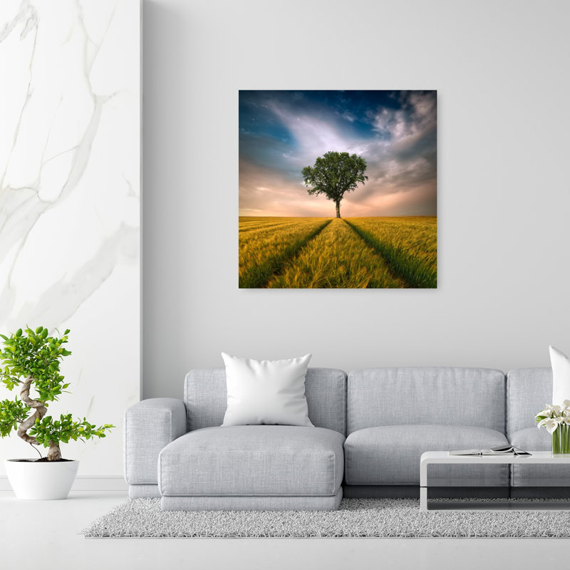 Golden Field Solitary Tree Dramatic Peaceful Serene Landscape Nature Wall Art Print 1 Piece Wrapped Canvas Wall Art