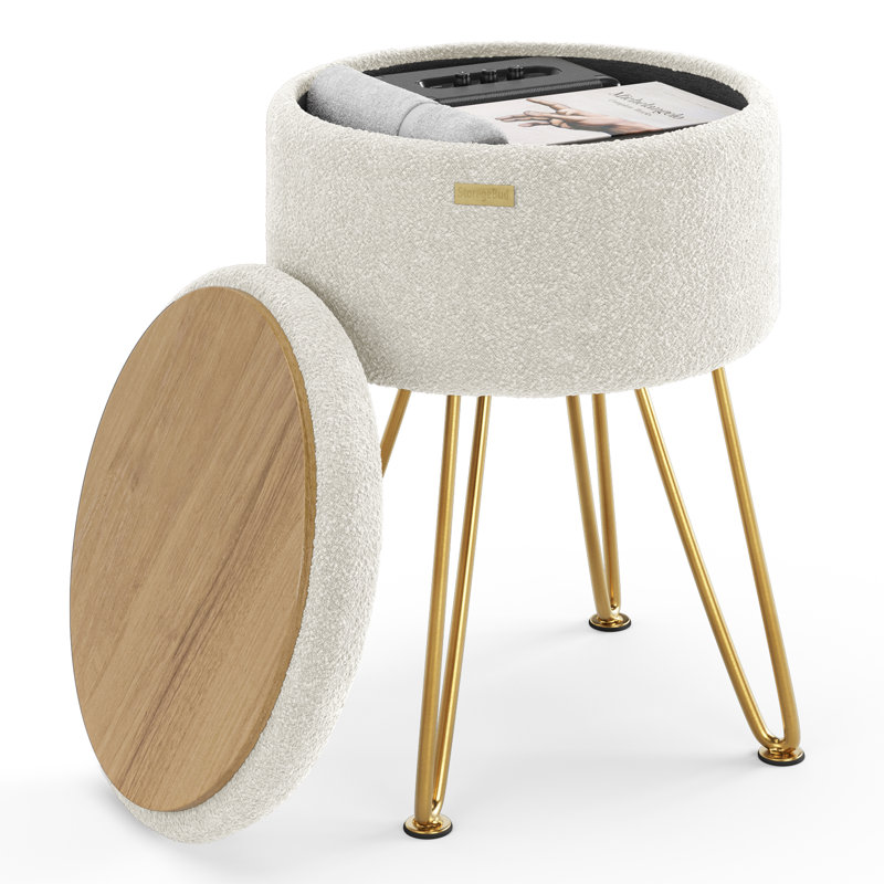 Modern Round Storage Ottoman Side Table, White boucle, Gold