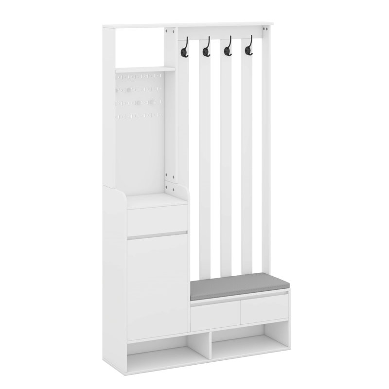 Arbre d'entrée avec banc de rangement rembourré, armoire à chaussures multifonctionnelle avec panneau perforé, 4 crochets