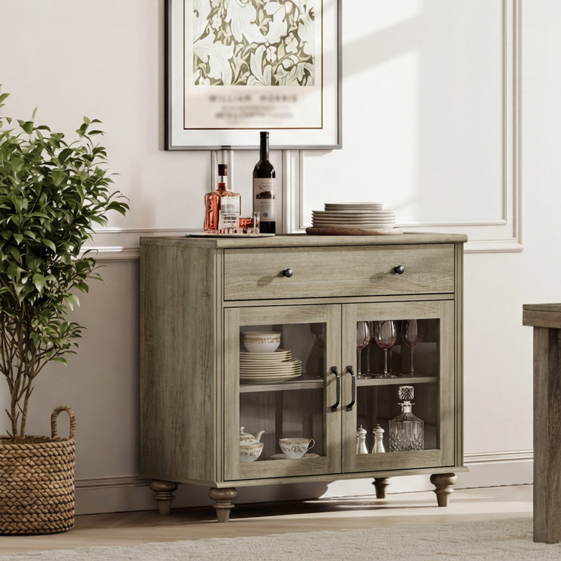 Buffet Corretta avec portes vitrées, meuble de rangement de cuisine, table basse en bois avec rangement, buffet/crédence de style ferme moderne pour salle à manger ou salon, gris délavé, 86 cm (34 pouces).