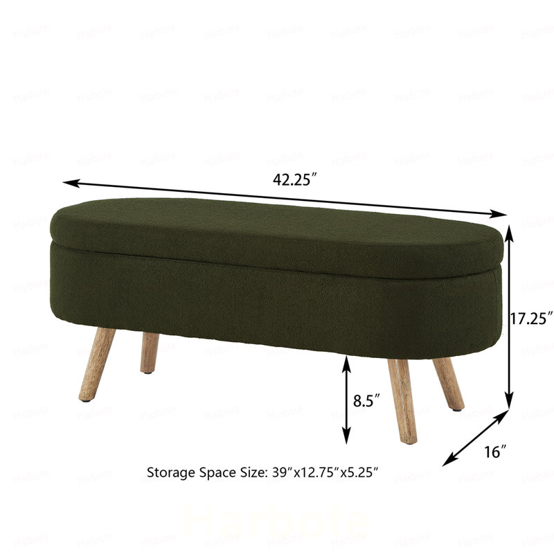 Banc ottoman de rangement ovale de luxe en tissu bouclé avec pattes en bois, capacité de charge de 159 kg et charnière de sécurité, pour salon, chambre ou entrée.