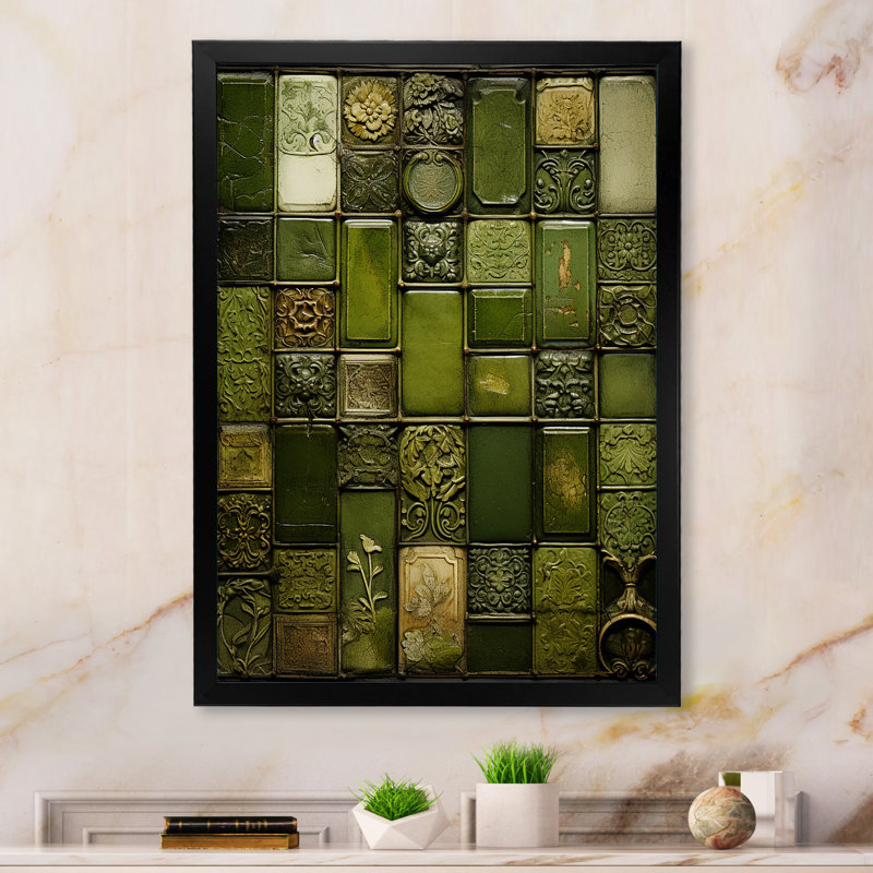 Green Stones Tiles I - Art mural abstrait, Cadre photo noir simple, H 44 po x l 34 po x P 1,5 po