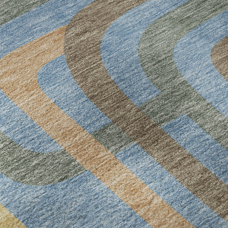 Tapis Mid-Century de qualité supérieure lavable à la machine Villers AMF2551, Bleu, 10 pi x 14 pi