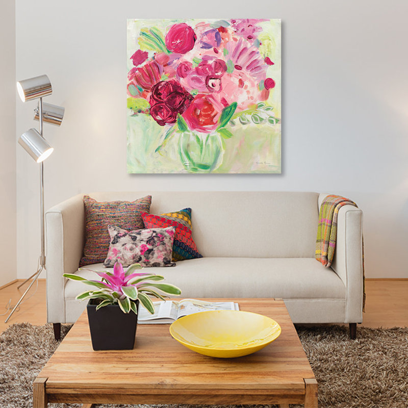 «Pink And Red Florals», reproduction sur toile tendue, H 12 po x l 12 po x P 0,75 po, Toile tendue, Pas de tapis