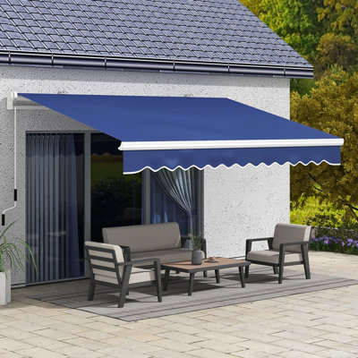 Dark Blue Retractable Awning 13' X 8'. & Water-, Manual Crank, Aluminum Frame For Yard Gardening 8' Deck Awning. Water- Material. Crank Operation. Structure. Multi-Surface Applicable. Heat Reducing