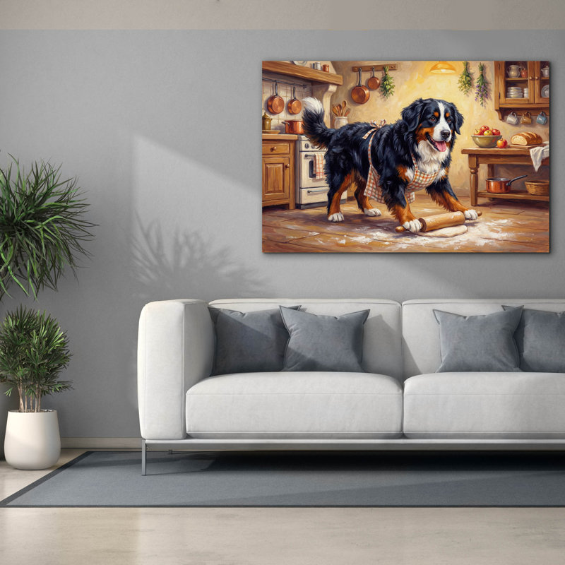  «Bernes Mountain Dog In The Kitchen» par Rich Monet, art mural sur toile, 60 po x 40 po