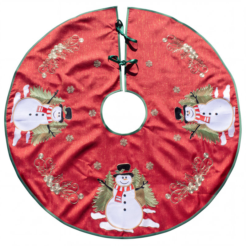 Round Christmas Tree Skirt Holiday Snowmen and Scrollwork on Red 48 Inch