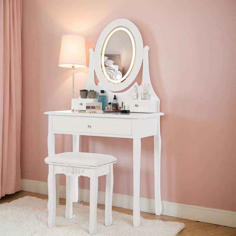 Bureau de coiffeuse moderne avec miroir à DEL et tabouret, coiffeuse blanche à 3 tiroirs pour le maquillage, les bijoux et l'utilisation quotidienne