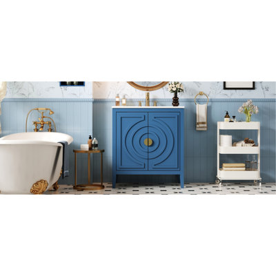 Armoire de rangement pour salle de bain avec lavabo, 30 po, design Mid-Century, charnières à fermeture en douceur, tiroir caché, organisateur de porte, étagère réglable, poignées rondes rétro, finition bleu rétro, pouces de construction