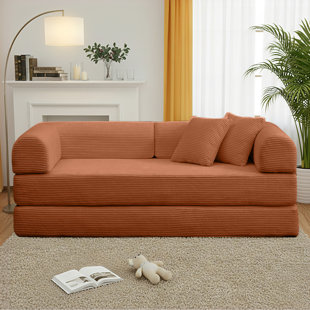 Corduroy Upholstered Sofa Convertible Sleeper Sofa Bed Queen Floor Couch With 2 Pillows And Fixed-Shape Frame - No Assembly Required