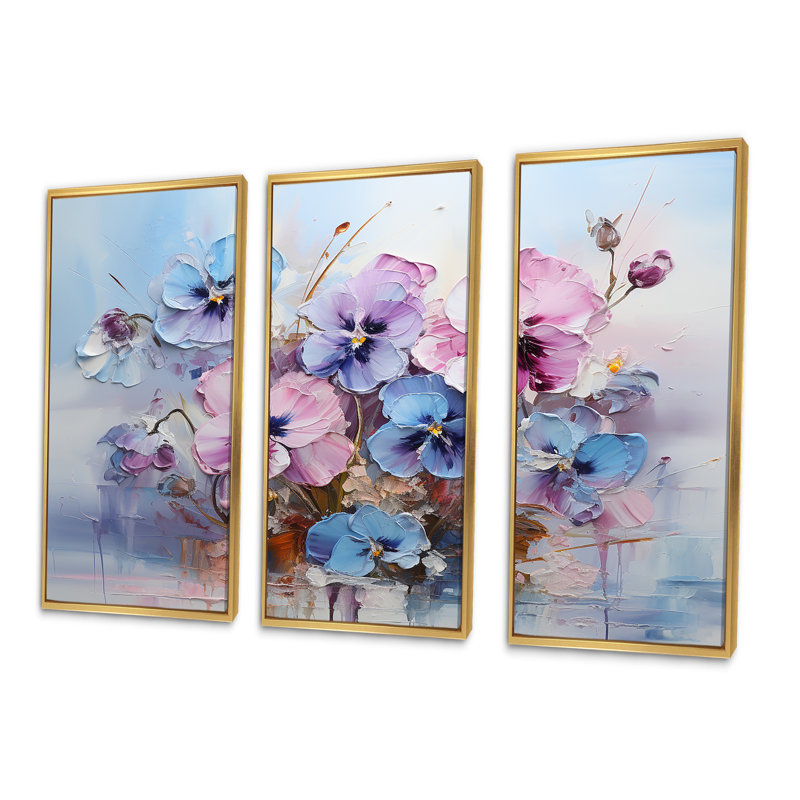 «Purple Pansies Effloresince I», ensemble d'art mural sur toile, Cadre flottant doré, H 40 po x l 60 po x P 1 po