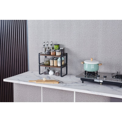 Tablettes de rangement réglables à 2 niveaux, effet bois rustique et structure en métal pour la maison, la cuisine et l'organisation de bureau