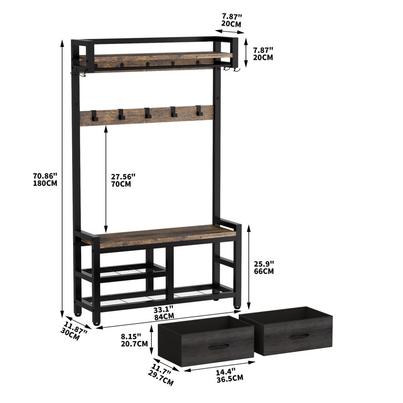 33.1" Wide Hall Tree With 2 Movable Drawers, Shoe Storage, Shelves And Garment Racks, 5-In-1 Entryway Bench With 23 Hooks (Fixed And Movable)