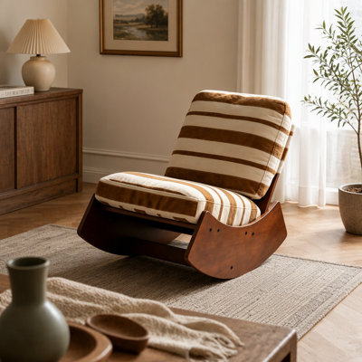 Fauteuil à bascule à structure en bois massif avec revêtement en tissu pelucheux jaune