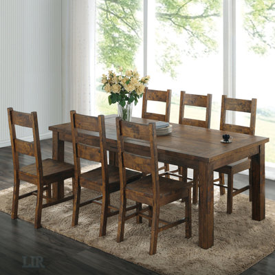 Ensemble de table de salle à manger 9 pièces en bois franc asiatique massif avec finition brun doré rustique et chaises à dossier échelle