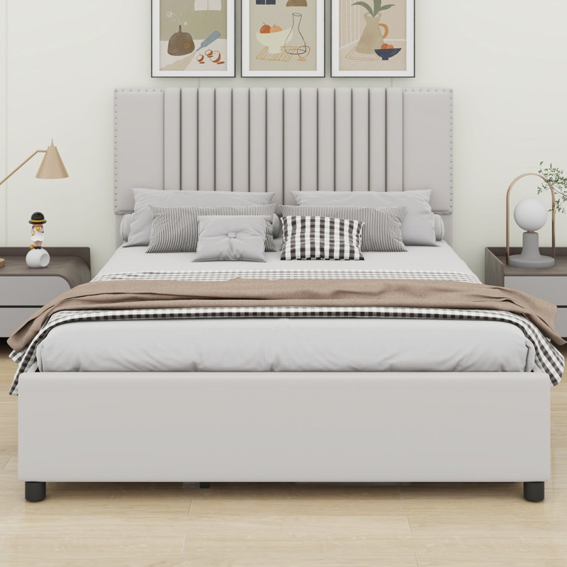 Lit plateforme tapissier avec tiroirs et lit gigogne, Beige