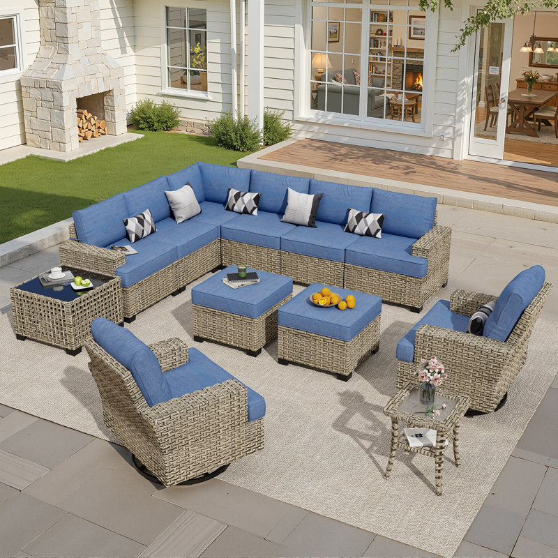 Tommy 10 - Person Outdoor Wicker Patio Conversation Furniture Set With Rocking Swivel Chairs, Denim Blue, No