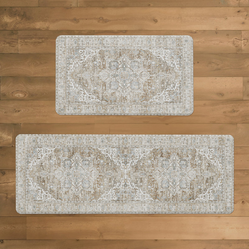 Tapis de cuisine imperméable anti-fatigue anti-dérapant, Tapis de couloir 1 pi 5 po x 3 pi 11 po, Brown/Beige/Blue
