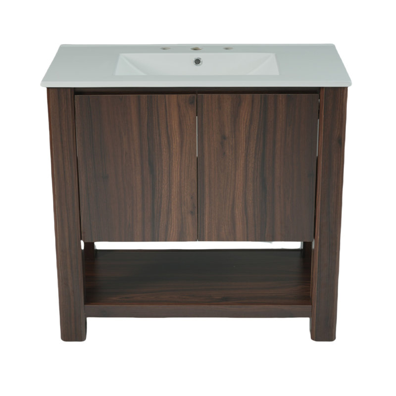 Meuble-lavabo de 35,5 pouces au design épuré sans poignée, Marron foncé