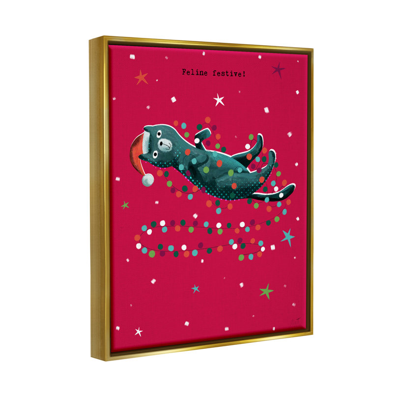 «Feline Festive Christmas Cat» par Andrew Thornton, impression, H 31 po x l 25 po x P 1,7 po, Cadre flottant métallique doré