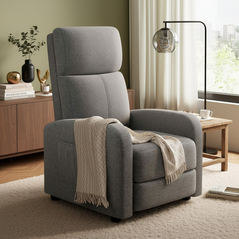 Recliner Chair For Adults, High Backrest, Thick Cushion, With Side Pocket, Light Gray
