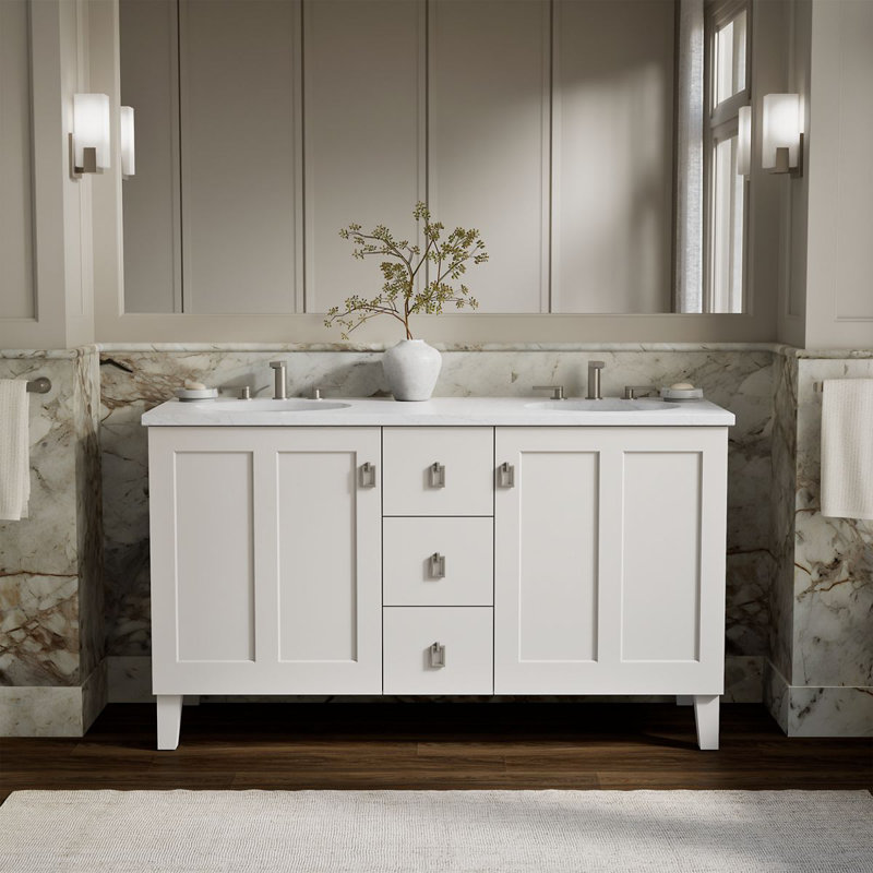 Base de meuble-lavabo en popeline 60 po avec pieds de meuble, 2 portes et 3 tiroirs, Blanc lin