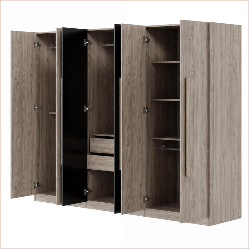 Commodes et amp; Garde-robe, armoire de rangement moderne à 6 portes avec tiroirs | Blanc + naturel ou noir + naturel | Panneau de particules et panneau de fibres à densité moyenne