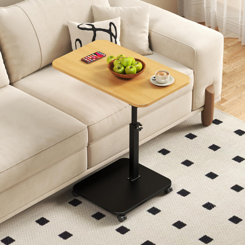 58 x 30 x 80 cm C-Shaped Sofa Side Table with Flip-Top and Adjustable Height, Iron Frame and Engineered Wood Laptop Table on 360-Degree Swivel Castors for Living Room and Bedroom, Light Wood
