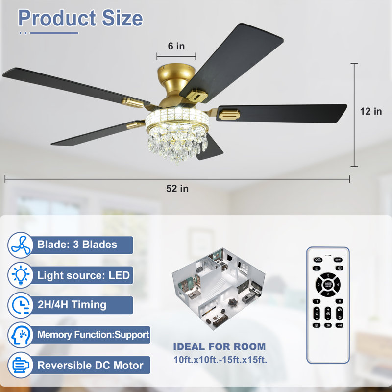 52 Inch Modern Crystal Ceiling Fan with Lights, Remote Controlled, Easy Installation, Safety Cable, 3 Color Temp & Memory Function